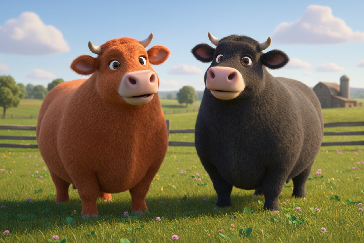 2 beef cows 1 is orange red in color and the other solid black in a pixar style